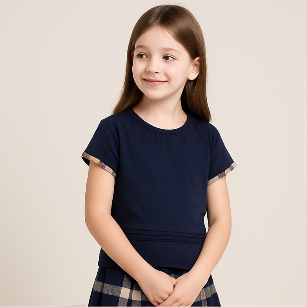 Burberry Kids Navy Tee with Checkered Sleeve Detail - 4Y